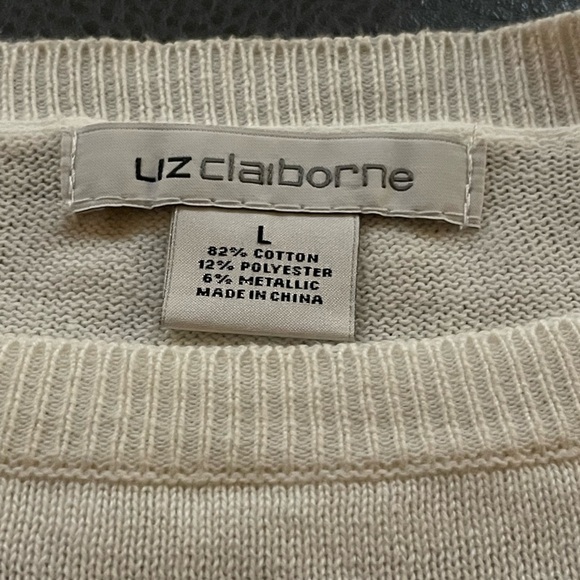 Liz Claiborne white silver striped Knit sweater Pull on size LG cotton metallic - Picture 10 of 13